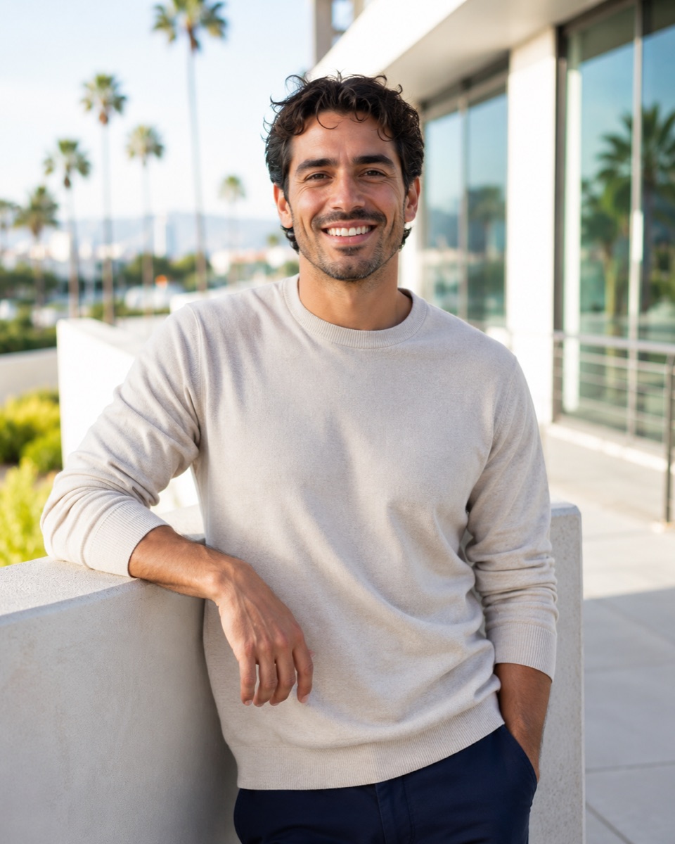 A confident person in everyday clothing in bright coastal sunshine