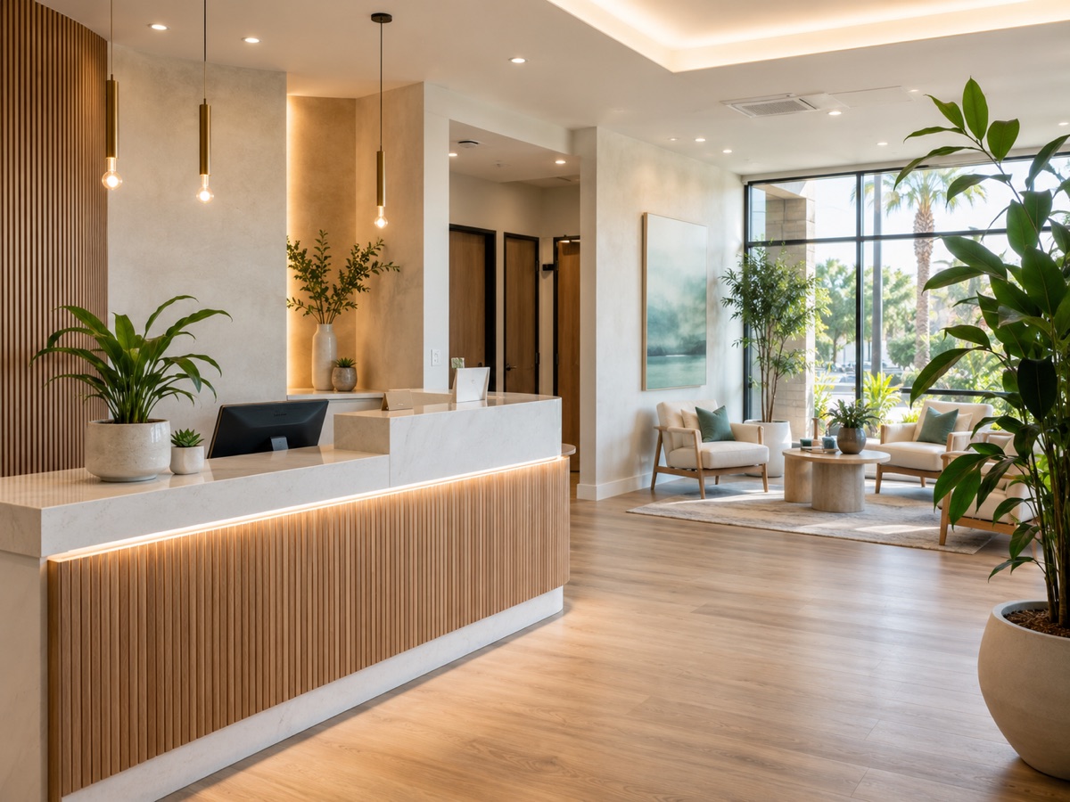 Modern New Hope Weight Loss clinic reception with warm wood and natural light