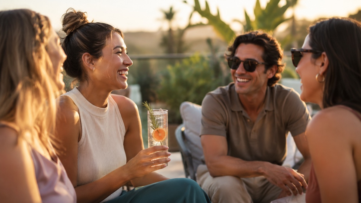 Friends relaxed and laughing together outdoors in warm golden-hour light