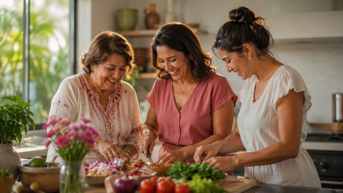 A family preparing a fresh, healthy meal together in a sunlit kitchen