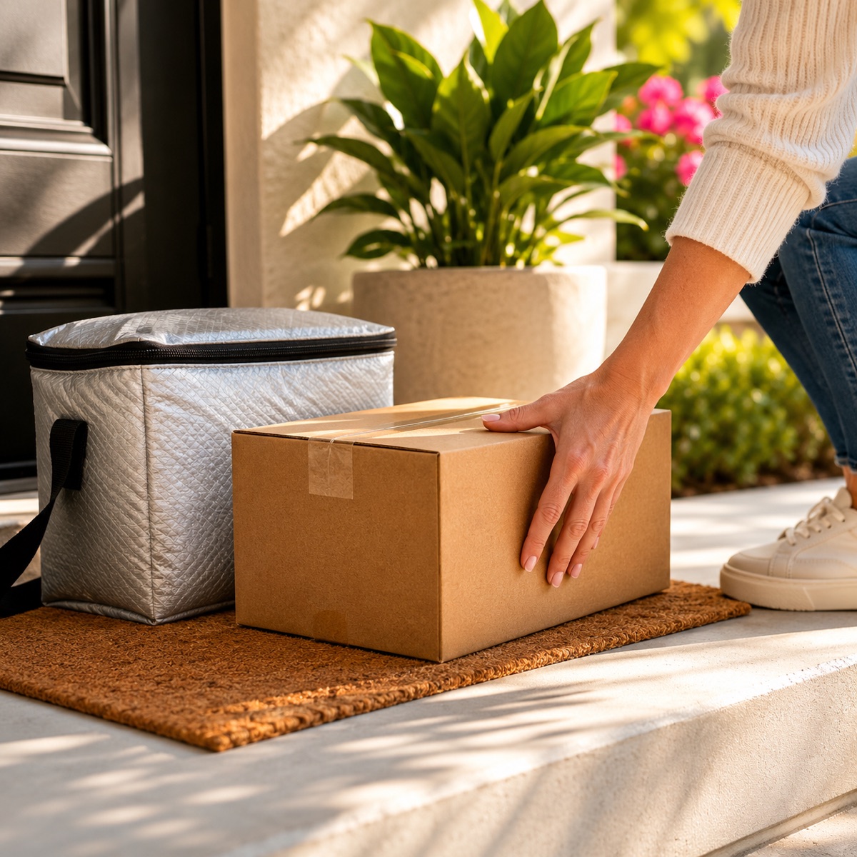 A discreet medication package and insulated cooler delivered to a doorstep