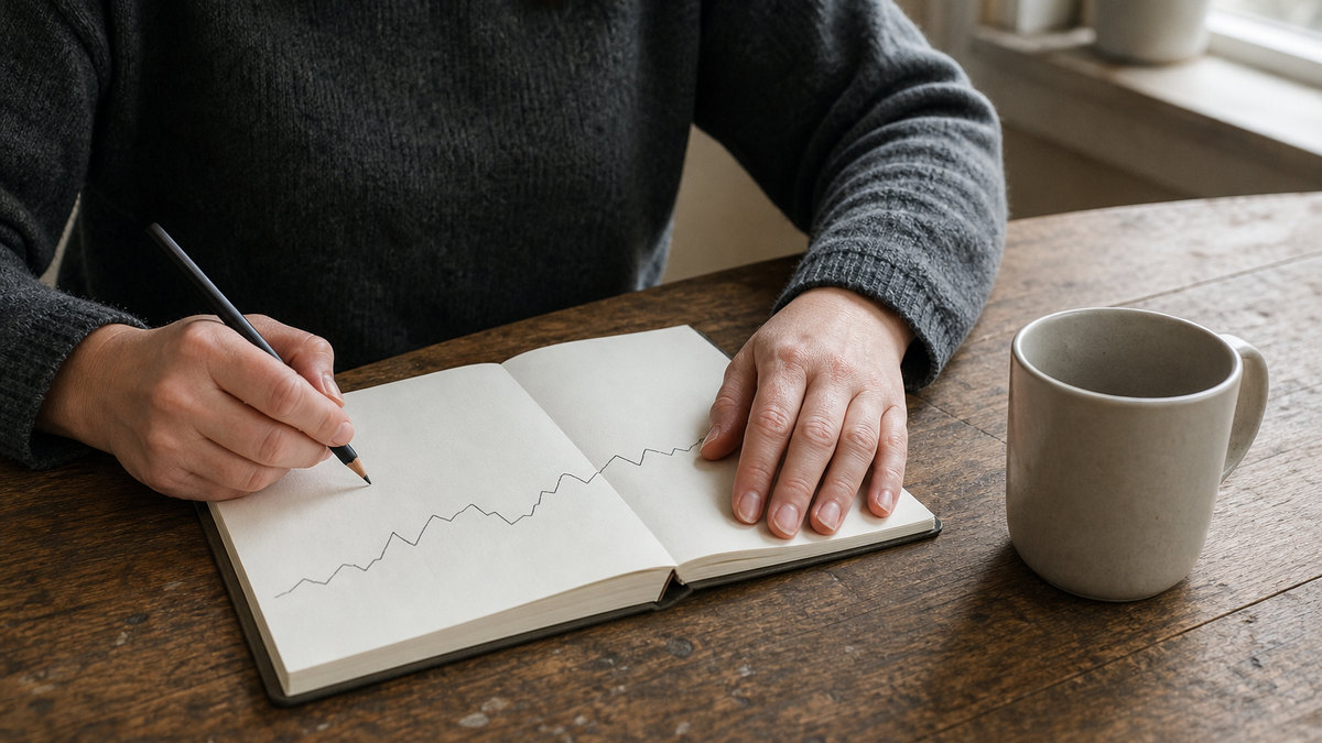 Editorial illustration of an adult reviewing a long-term health plan and journal at home