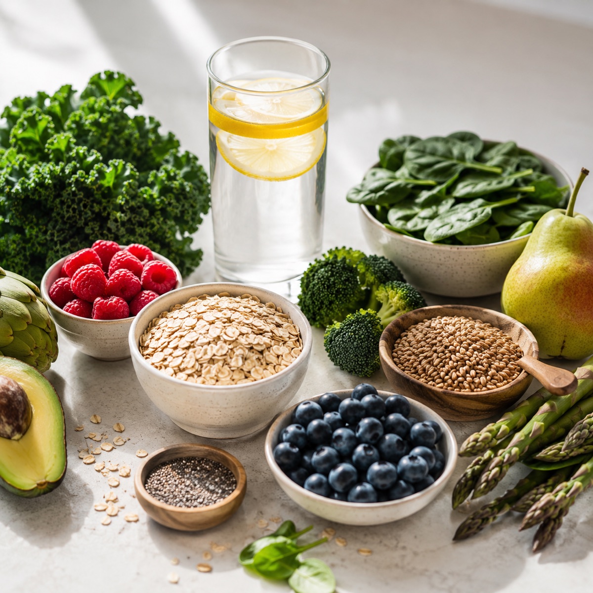 Fresh, colorful whole foods arranged for a nutritious breakfast