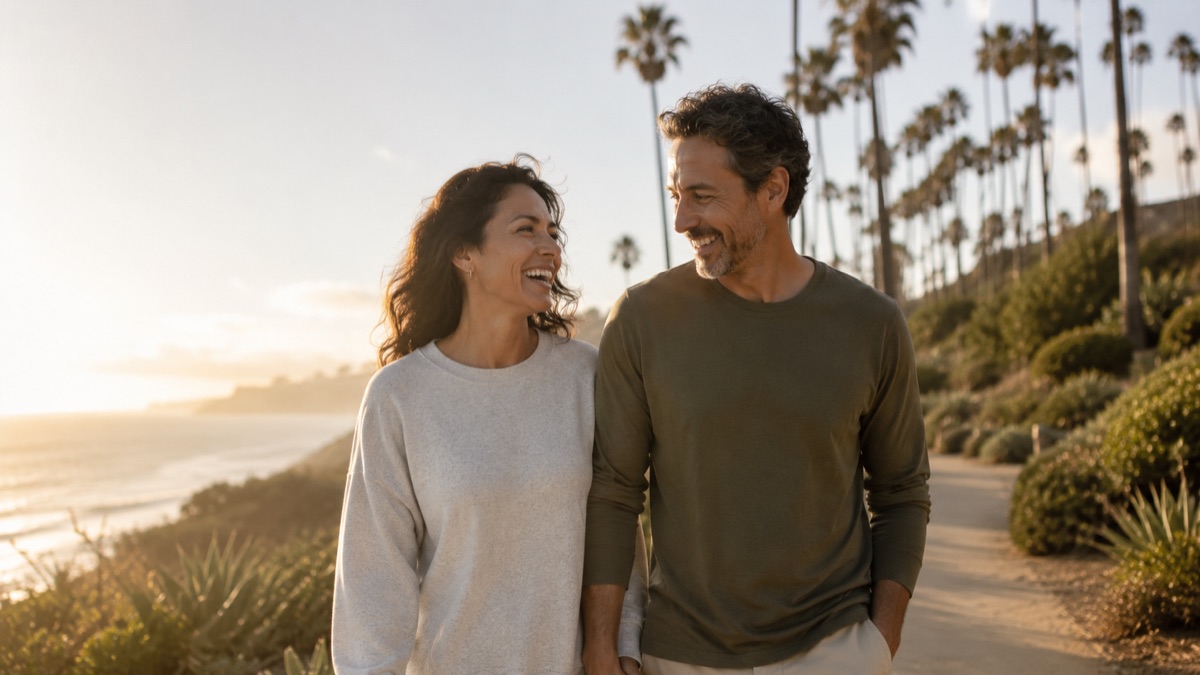 A couple on a golden-hour stroll by the coast