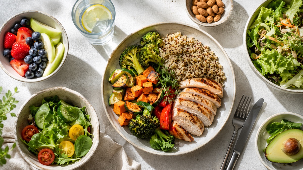 A healthy meal spread with fresh greens