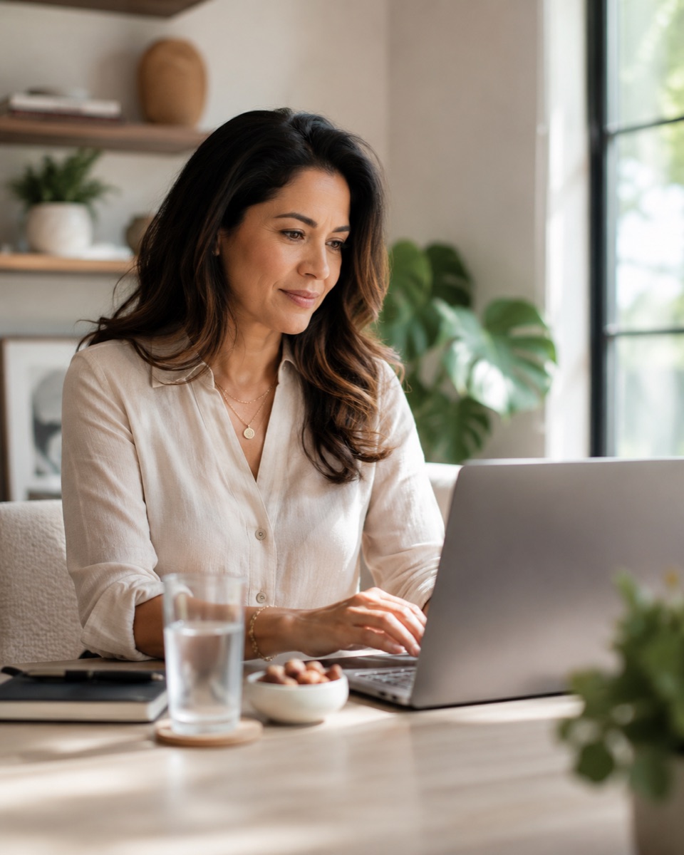 A bright, calm home workspace with natural light, set up for a video visit