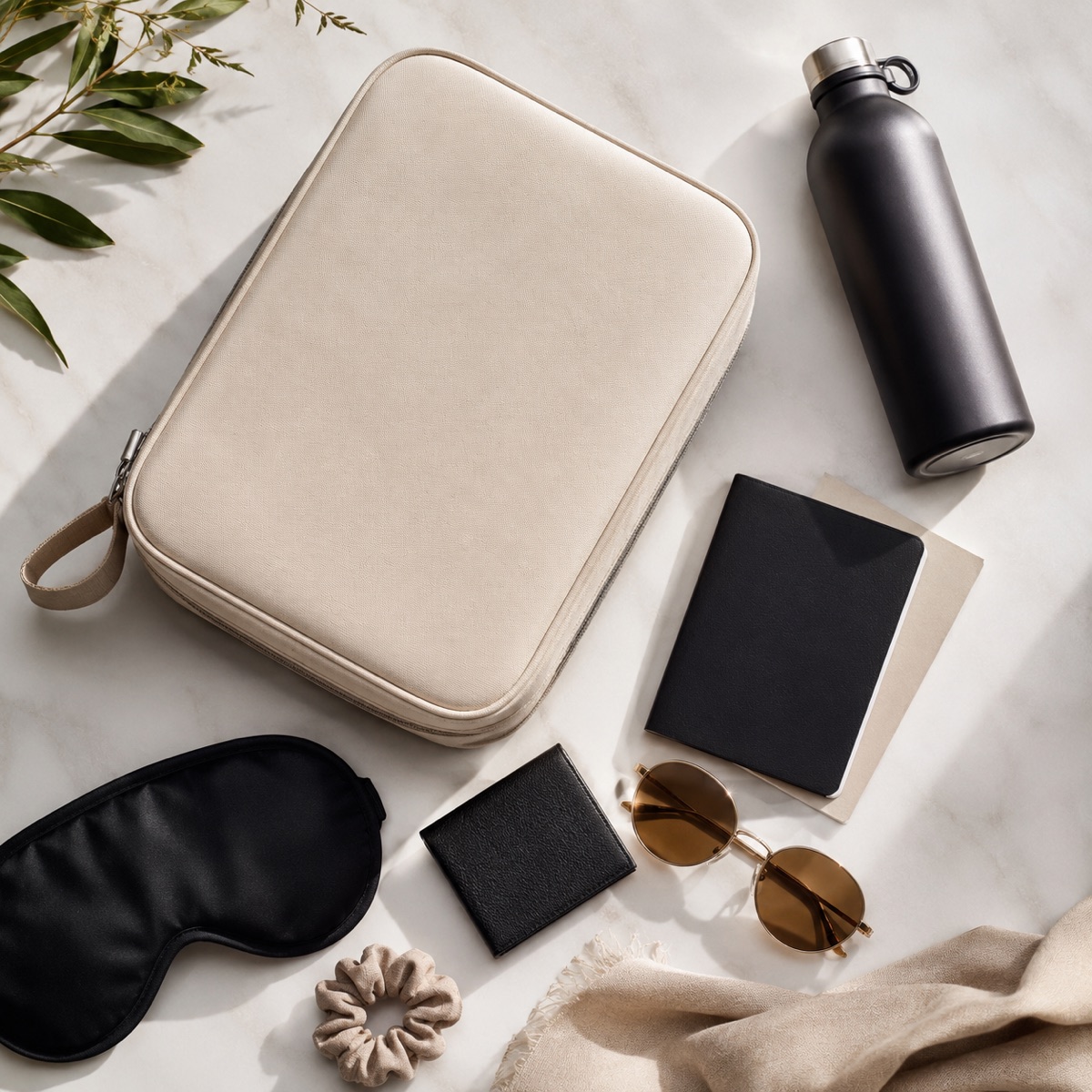 Daily wellness essentials arranged on a marble surface