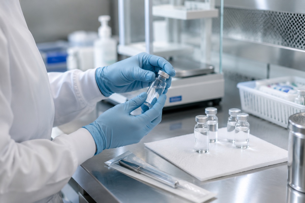 A pharmacy technician preparing medication vials in a sterile setting