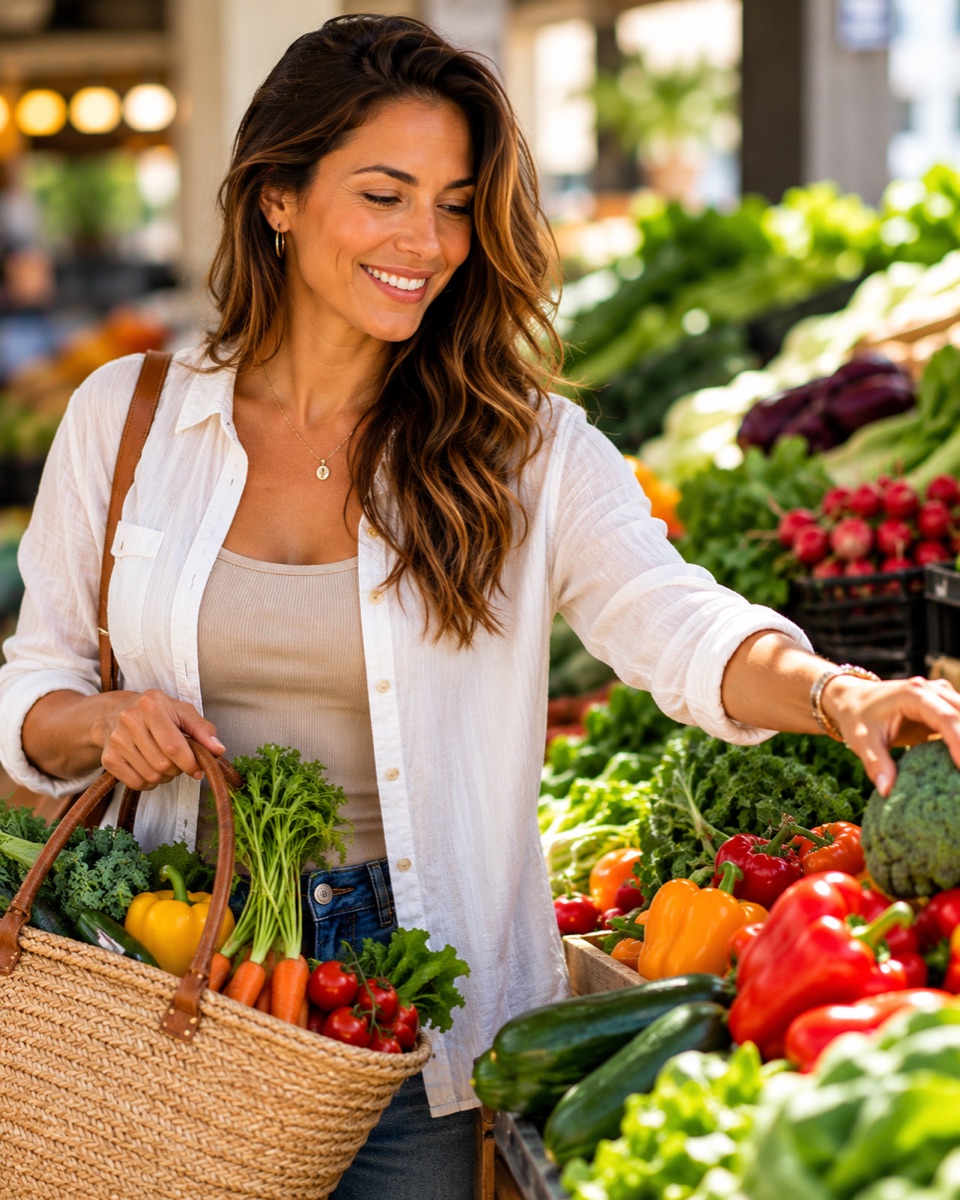 A person happily choosing fresh produce at a market