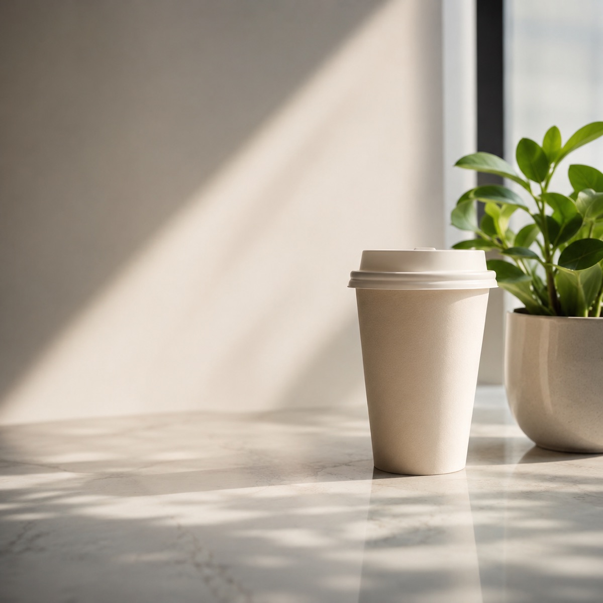 A single coffee cup beside a small plant in soft morning light
