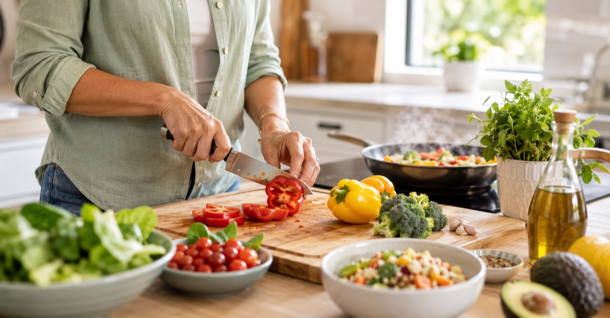 Hands preparing fresh colorful vegetables in a bright modern kitchen